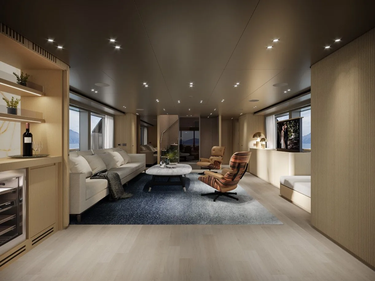 Salon with bar cabinet and wine cooler